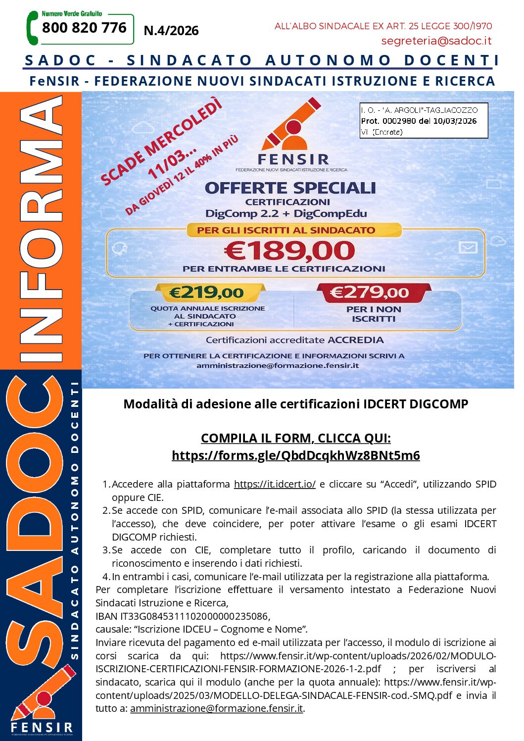 Prot. n. 2980 del 10 03 2026 timbro_SADOC INFORMA N. 4 - 2026