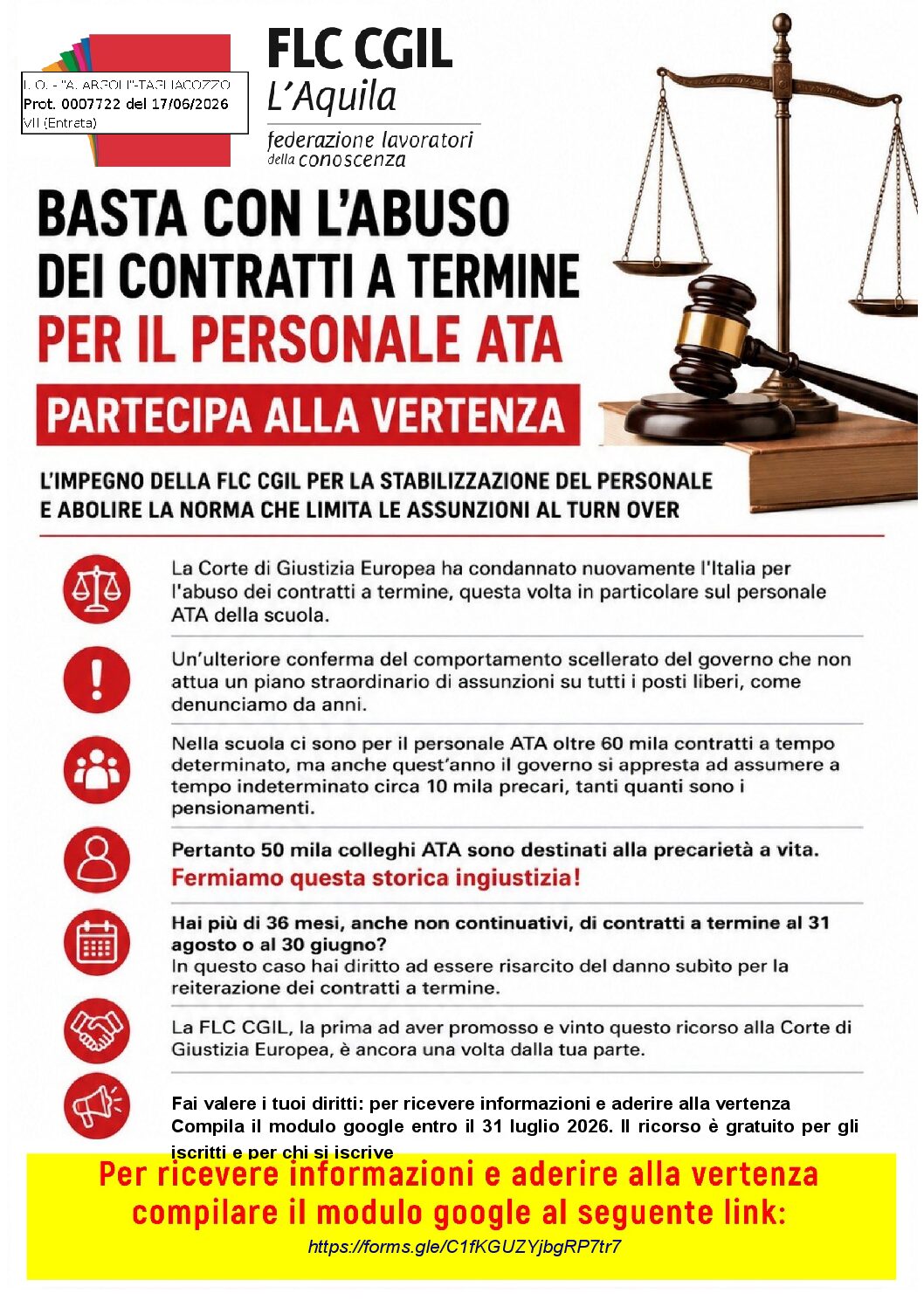 Prot. n. 7722 del 17 06 2026 timbro_FLC CGIL locandina vertenza ATA